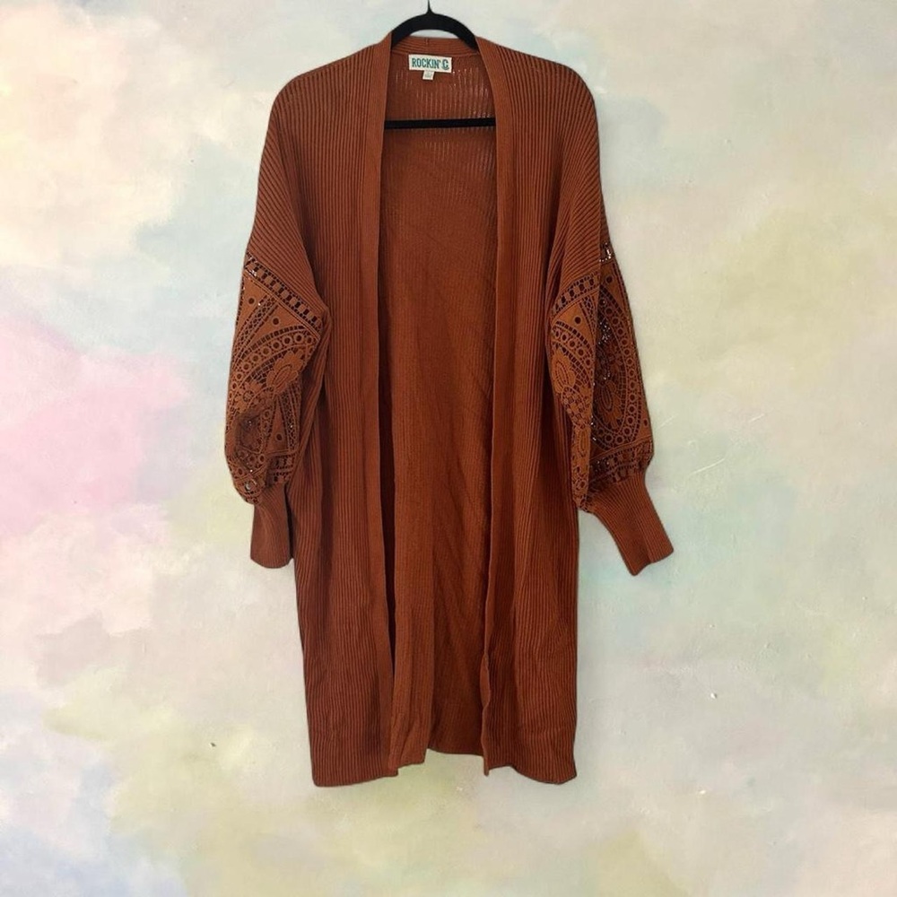 Western Boho Knit Cardigan Rockin’ C Size L Burnt Orange Hippie Gypsy Rodeo